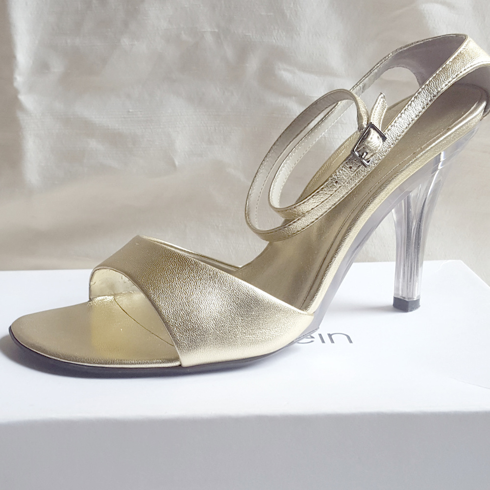 Calvin Klein Gold Leather Ankle Strap Heels Sz 6 - Picture 3 of 8